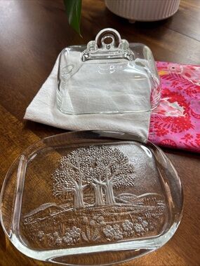 Clear Glass Butter Dish with Embossed Tree Design and cover with handle